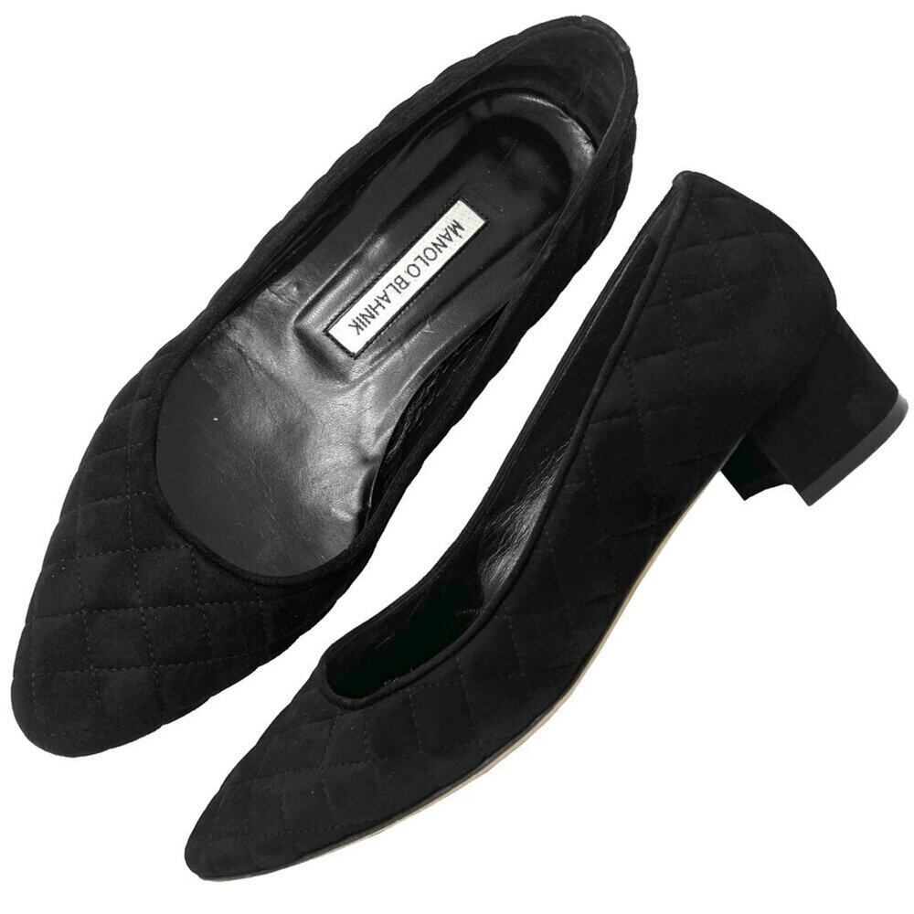 Manolo Blahnik Lisqui Quilted Suede Block Heel Pumps Black Size 39 US 9‎